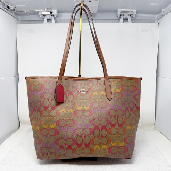 Coach City Tote Rainbow Signature Canvas purse NWT khaki/ multi Redwood - Picture 3 of 16